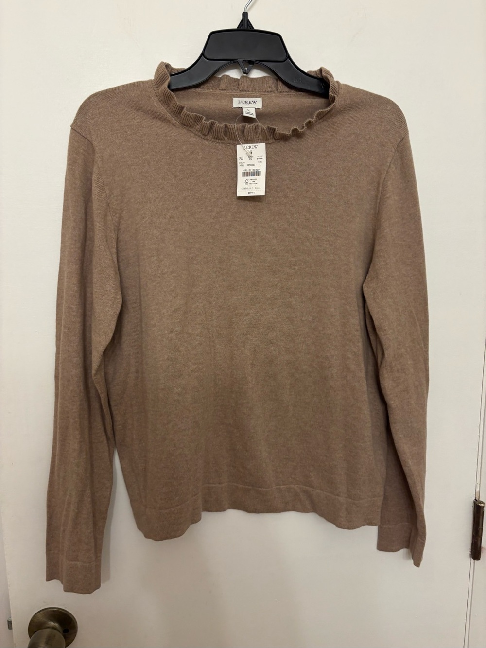 NWT J.Crew Ruffle-Neck Cotton Knit Pullover Sweater Heather Mushroom Coquette L